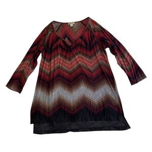 One World Women's Bohoemian Multi Color V Neck Long Sleeve Top Size Large